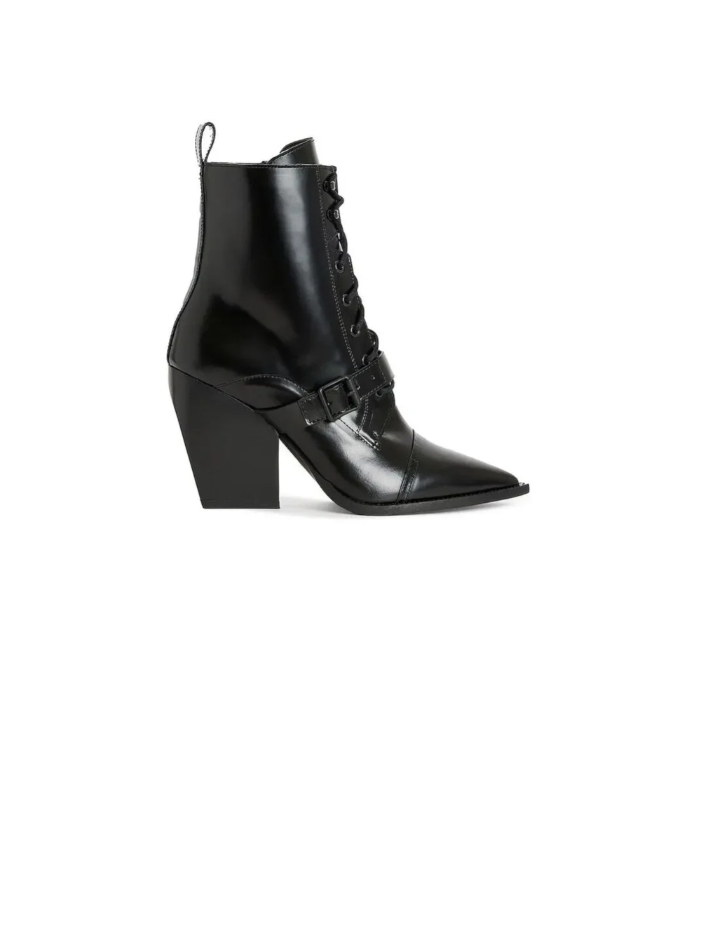 AllSaints Bianca Black Pointed-Toe Lace-Up Block Heel Boots Sz 11